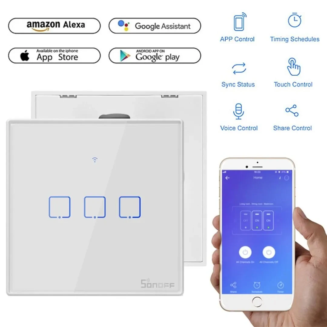 SONOFF WiFi Smart Wall Touch Switch T2 UK 3 Gang- Compatible With Alexa, Google Assistant – White Color
