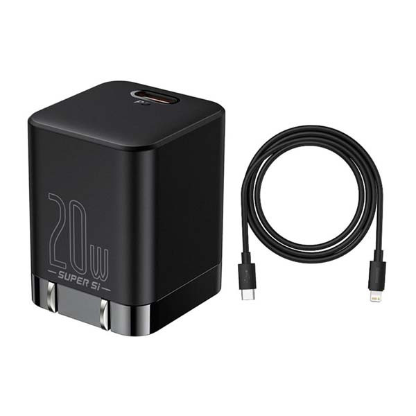 Baseus PD 20W Charger For Iphone 11 12 13 14 Series Super Si Pro Quick Charger 1C With Type-C to Lightning For Iphone cable Black