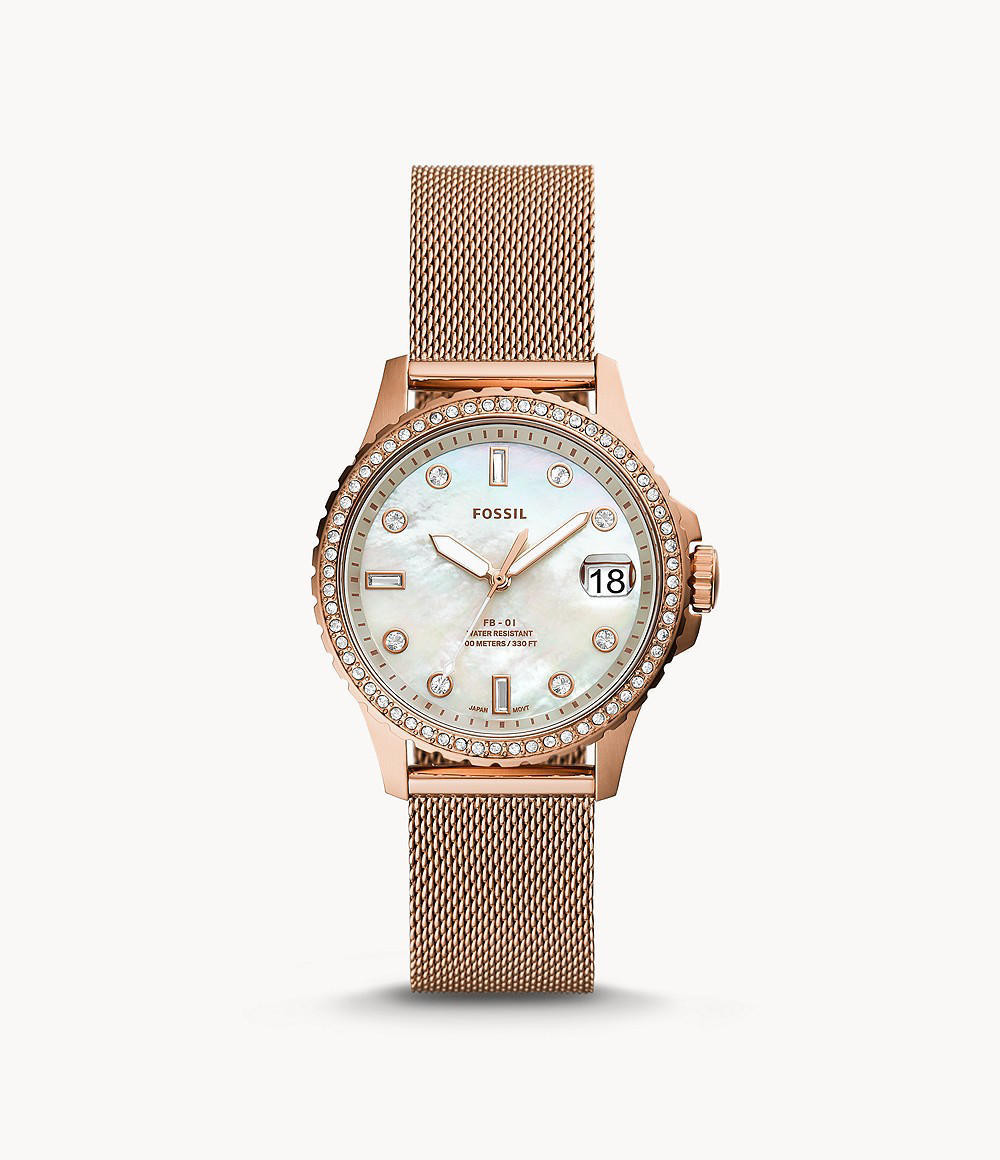 Fossil ES4999 FB-01 Three-Hand Date Rose Gold-Tone Stainless Steel Mesh Women's Watch