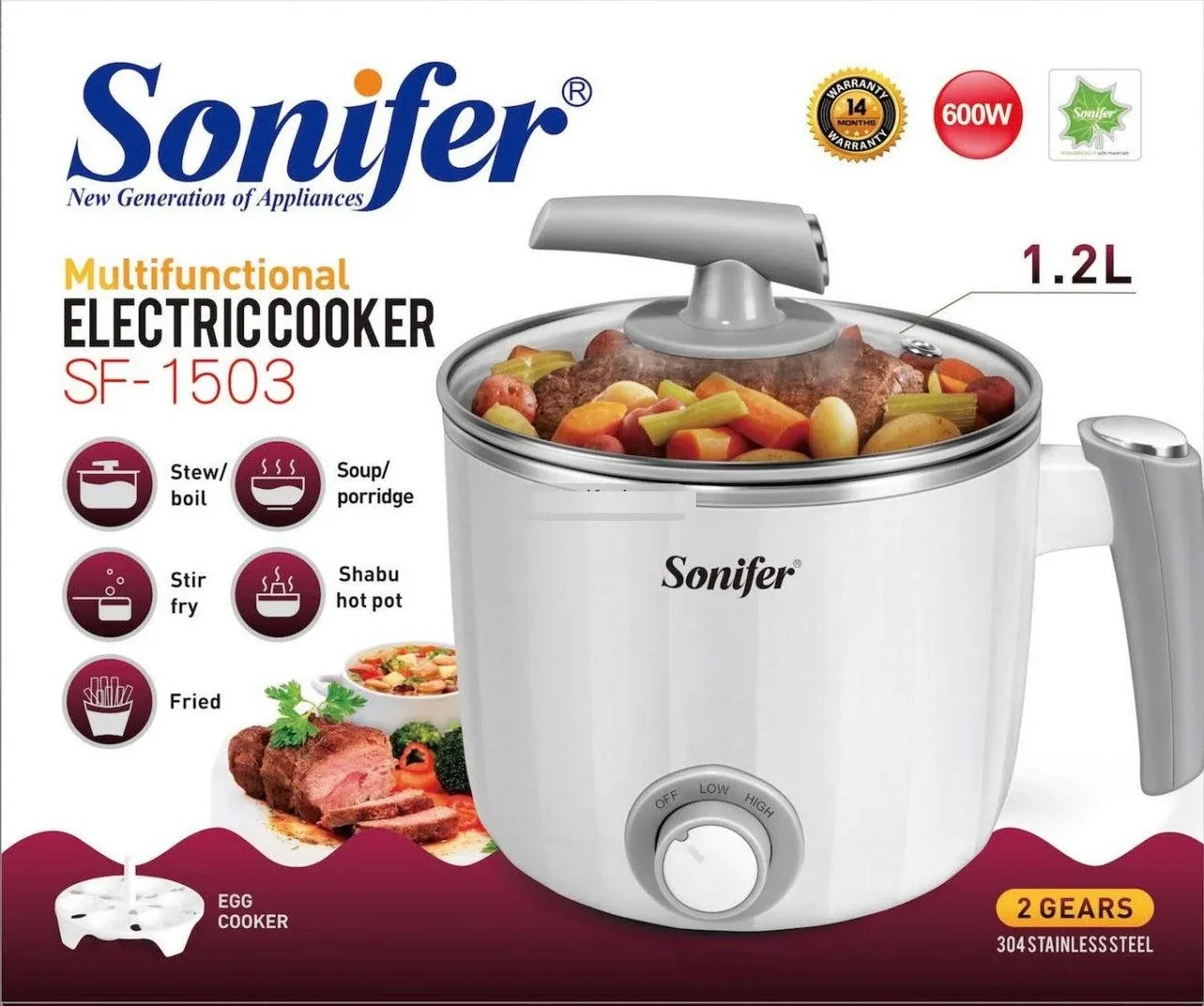 Sonifer SF-1503 Multifunctional Electric Cooker – 1.2L, White Color