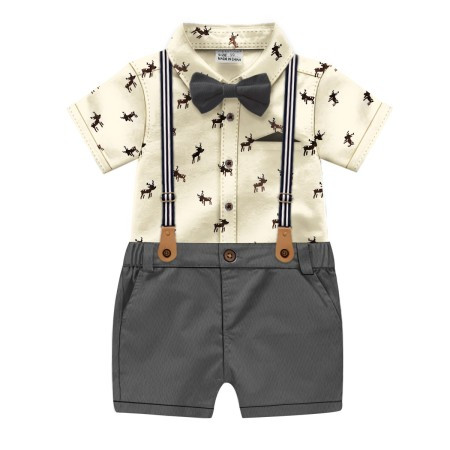 Boys Half Sleeve Cotton Shirt & Pant Suit Set - Cream & Ash colour