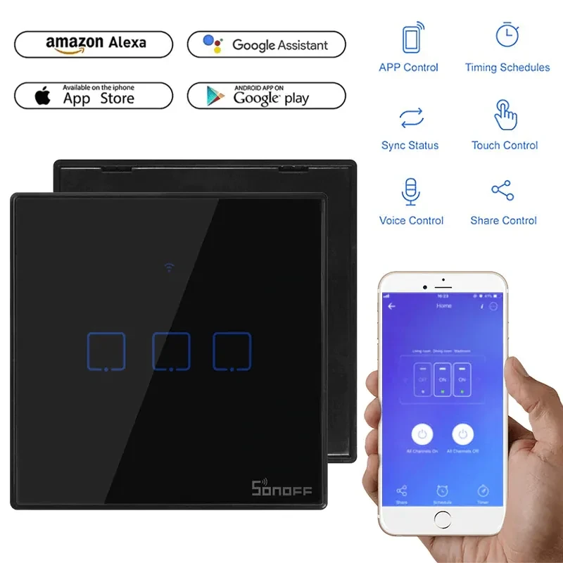 SONOFF WiFi Smart Wall Touch Switch T3 UK 3 Gang- Compatible With Alexa, Google Assistant – Black Color