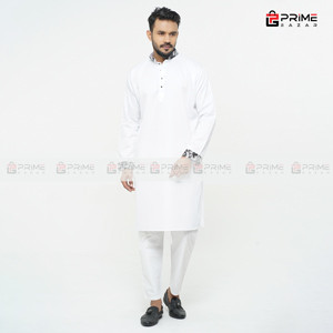 White Colour Formal Hata Gola Work Cotton Paunjabi For Men